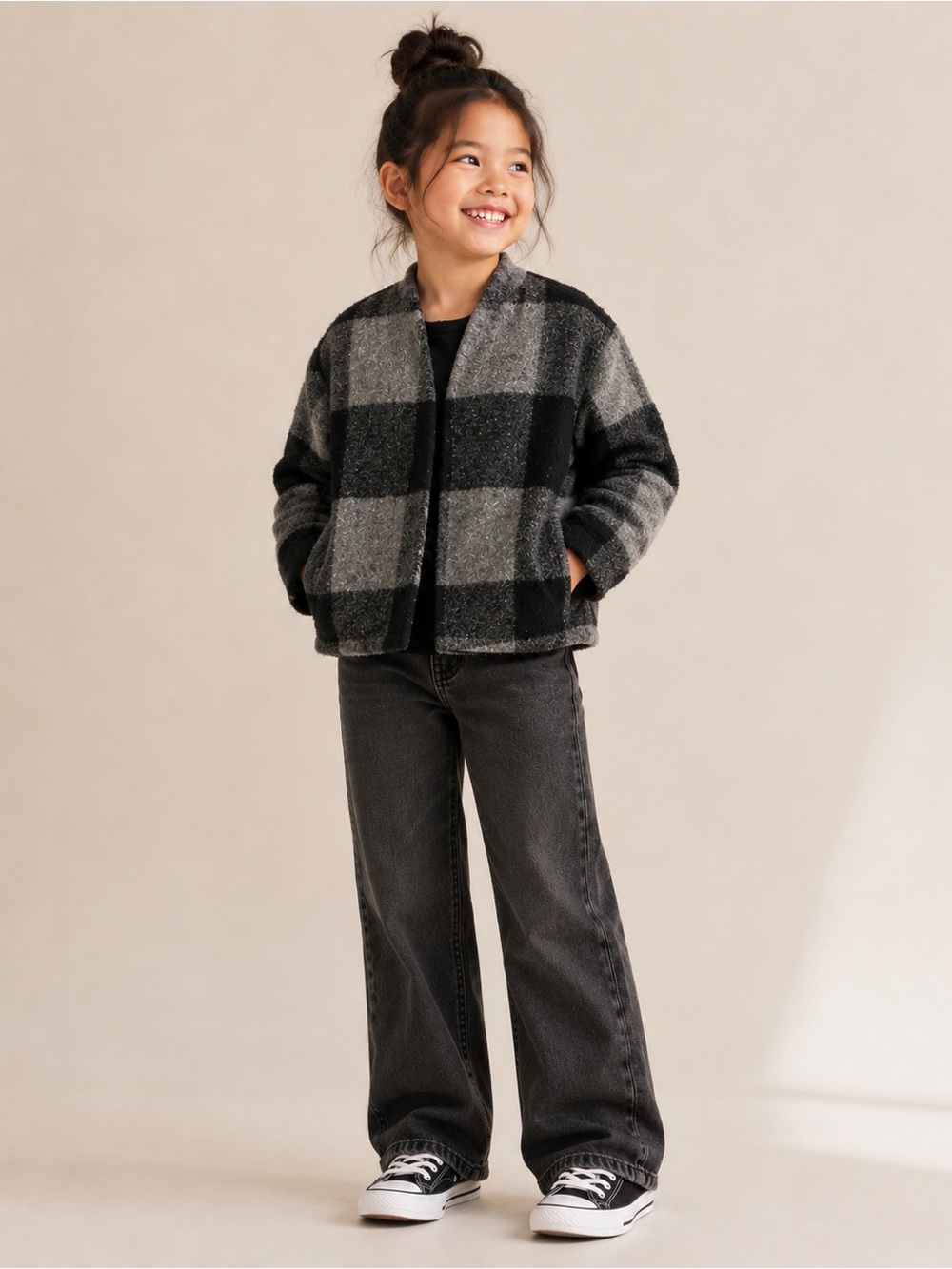 Zara Girls Black & Gray Plaid Pea Coat ~Size 7